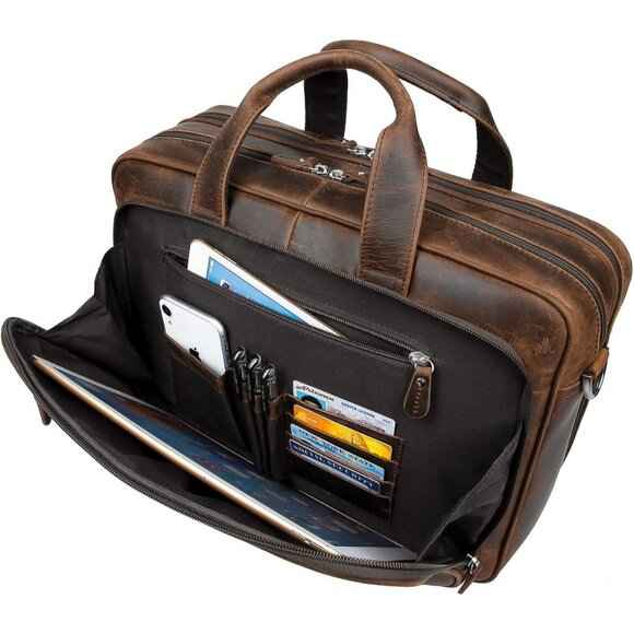 Augus Brown Leather Laptop Padded Travel Bag Briefcase Adj Detachable Strap - Picture 12 of 12